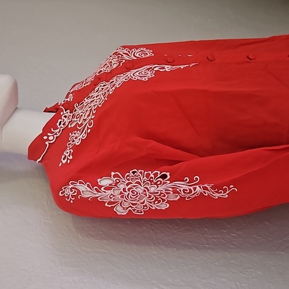 Vtg BOB MACKIE red embroidered floral peekaboo cutout silk Valentine's Blouse - Picture 5 of 9